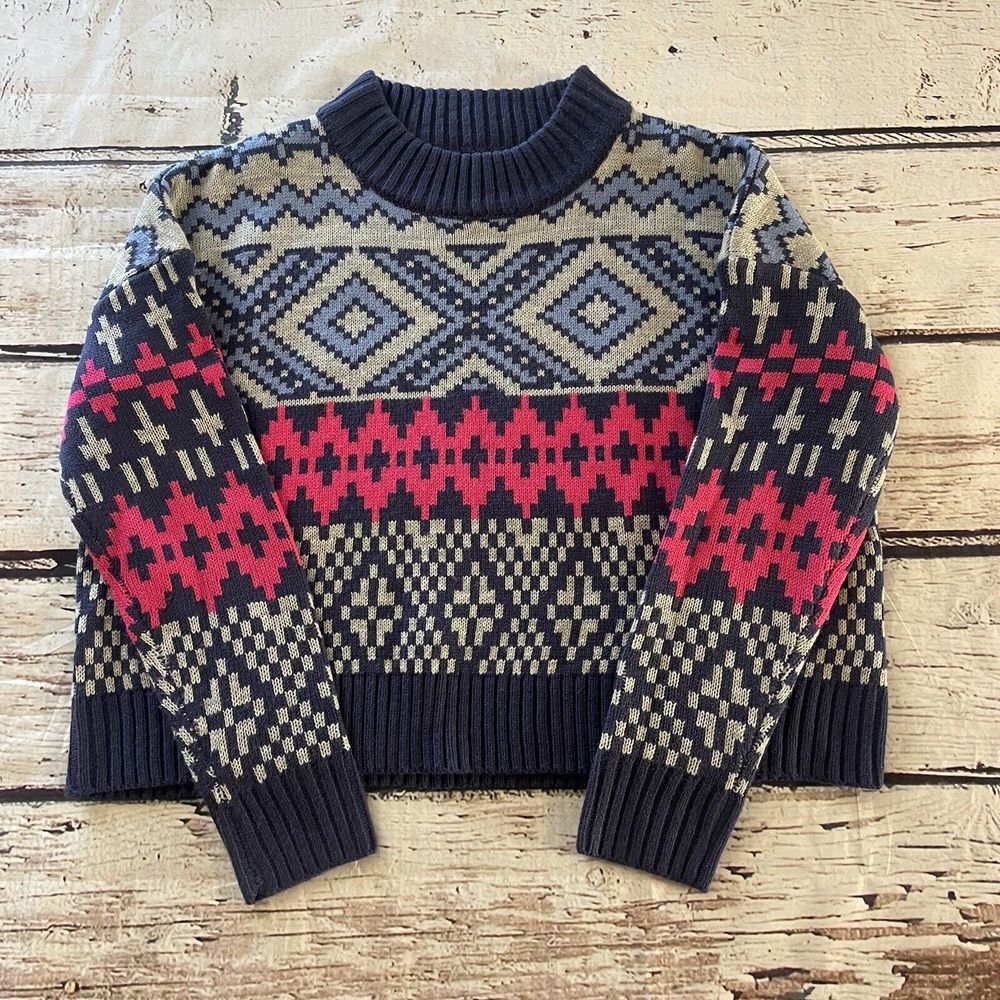 Aqua Fair Isle Sweater Women's XS Navy/Pink/Ivory Ribbed Crew Neck Long Sleeve